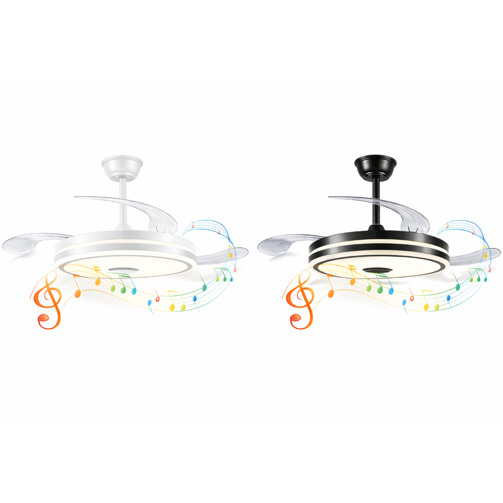 Ventilador de Teto Plafon com Pás Retrateís e Caixa de Som 60W Bluetooth e LED RGB Preto ou Branco