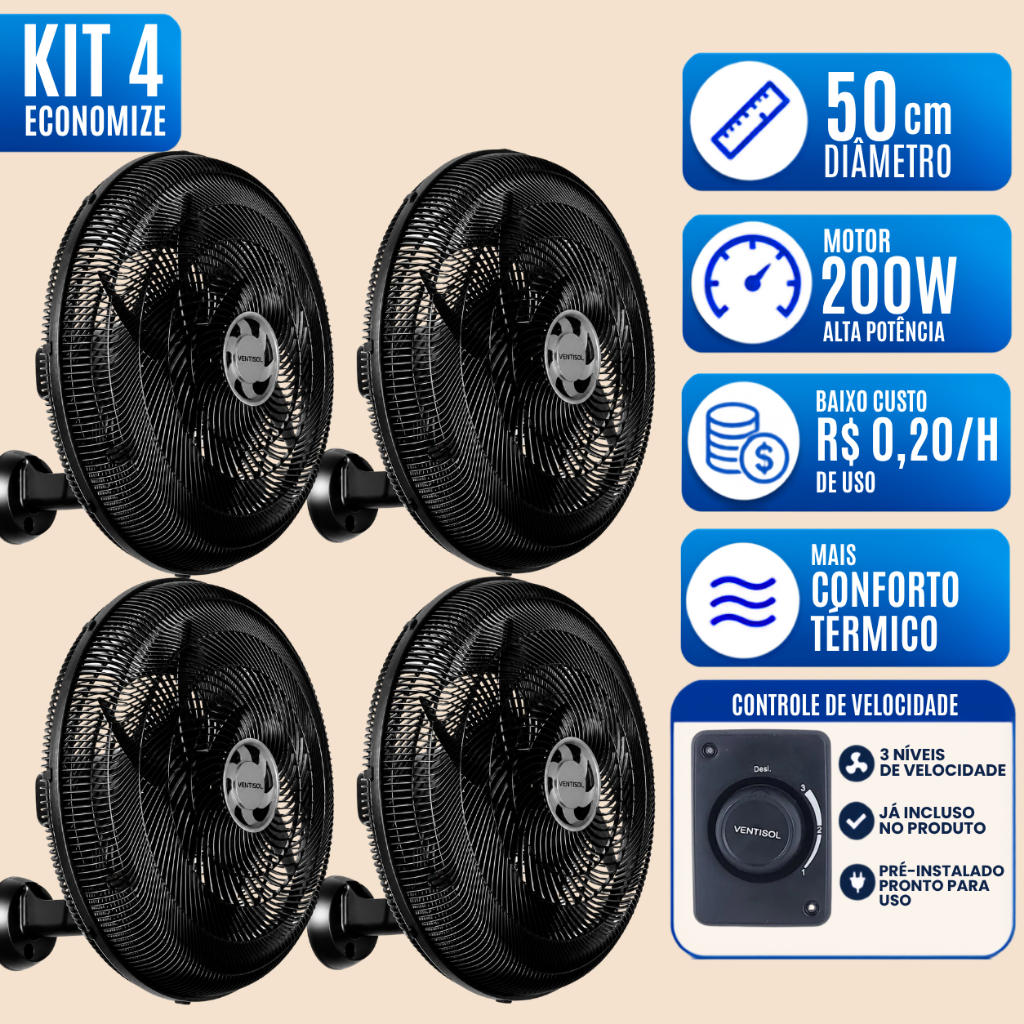 Ventilador De Parede 50cm Ventisol 6 Pás Monta Fácil (Combo 4 un) 135w Potente Para Igreja Academia