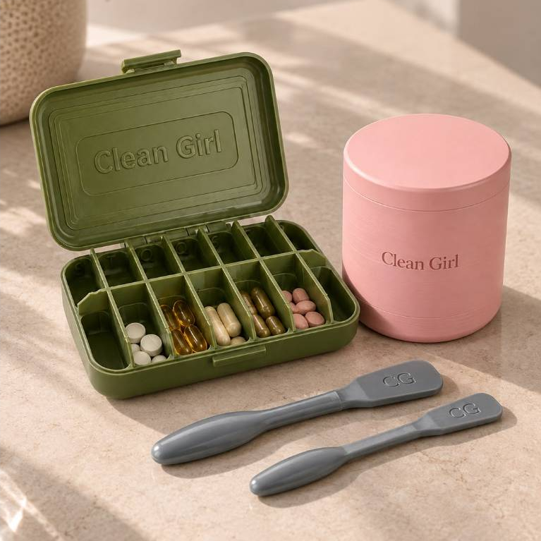 Kit Porta Whey + Porta Comprimidos Vitaminas + Espátulas Skin Body Care Organizador Hey Clean Girl