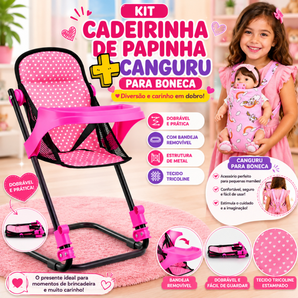 Kit Infantil Cadeirinha Pra Papinha + Canguru Bolsa Para Boneca Reborn Grande