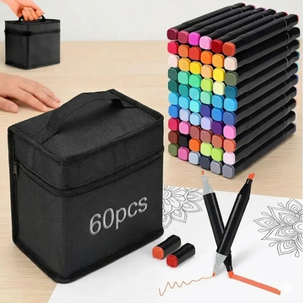 Kit Canetas Marcadoras 60 Cores Vibrantes Cabeça Dupla Com Bolsa P/ Armazenamento