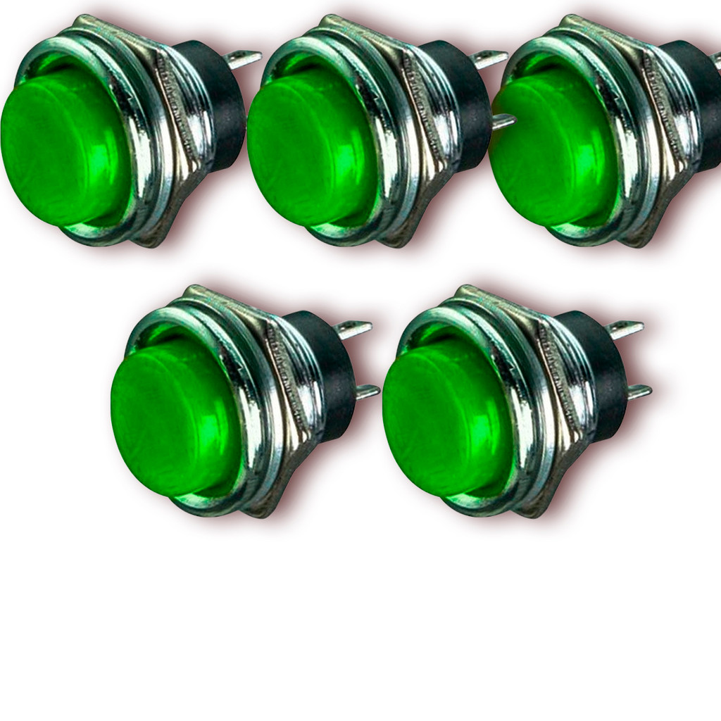 KIT 5 CHAVE PUSH BUTTON 13MM DS-212 NA 3A VERDE PARA PAINEL ELÉTRICO COMANDO AUTOMAÇÃO