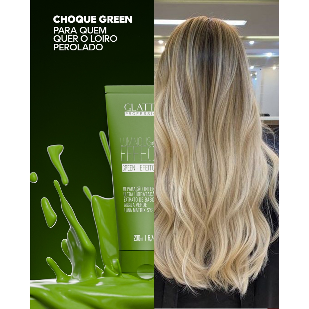 Máscara Matizadora Glatten Luminous Effect Green Pérola 200ml – Neutraliza Tons Amarelados