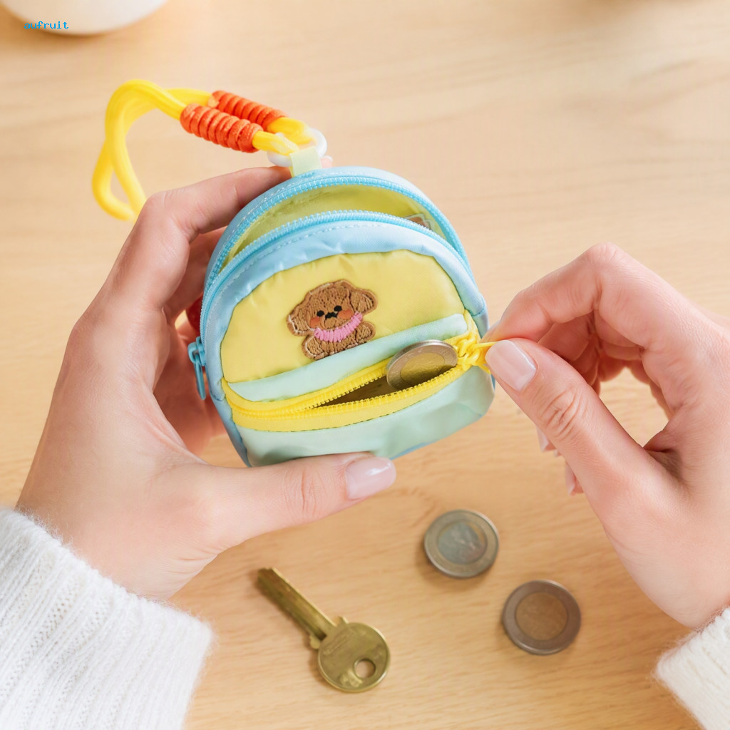 Porta-Chaves Bonito Bordado , Bolsa De Cor Contrastante Macaron , Compartimentos Duplos Com Zíper Para E Moedas