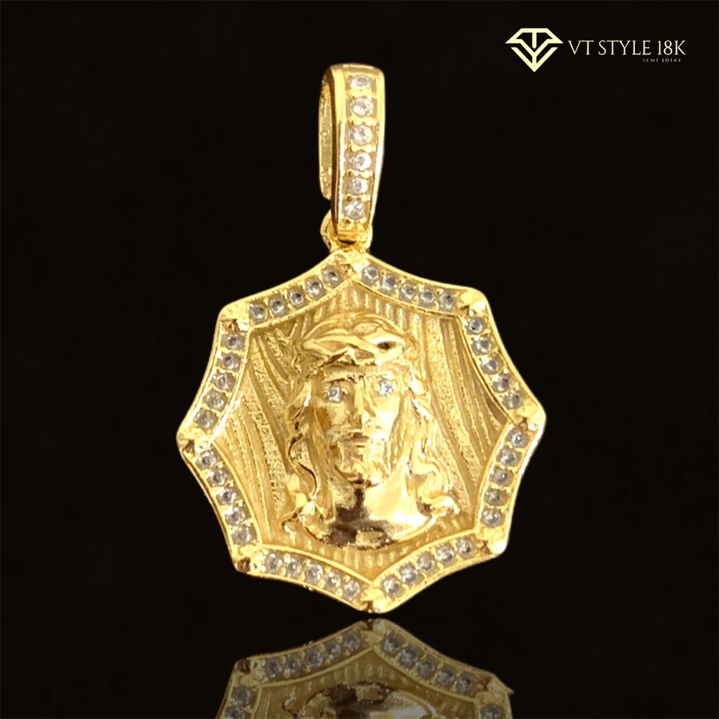 Pingente rosto de Cristo mini cravejado banhado a ouro 18k