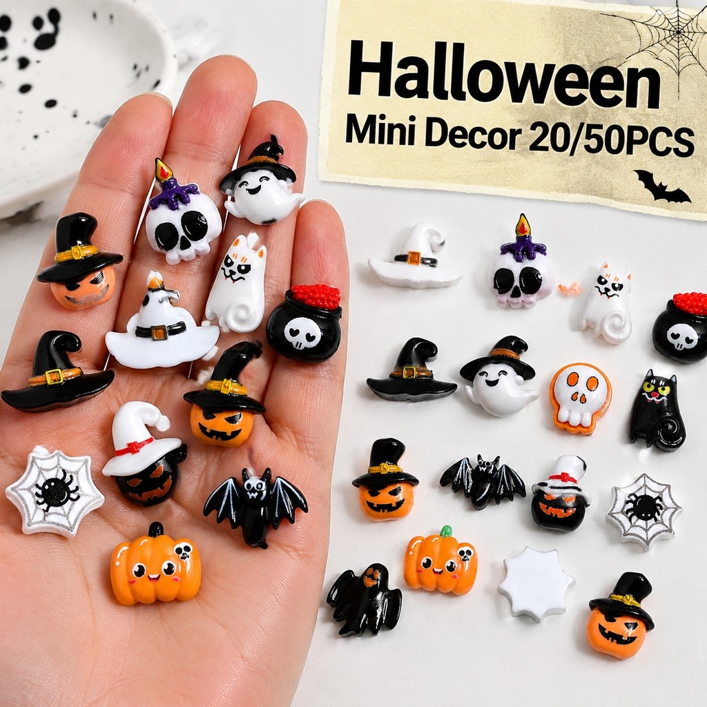 20/50 Pcs Aleatório Halloween Mini Flatback Encantos Abóbora Fantasma Crânio Gato Morcego Conjunto