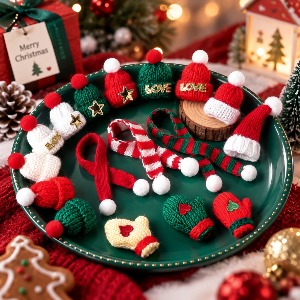 Kunkka 5pcs / 10pcs Decoração de Natal Pingente Poliéster Mini Chapéu de Malha Luvas de Cachecol DIY Caixa de Presente d