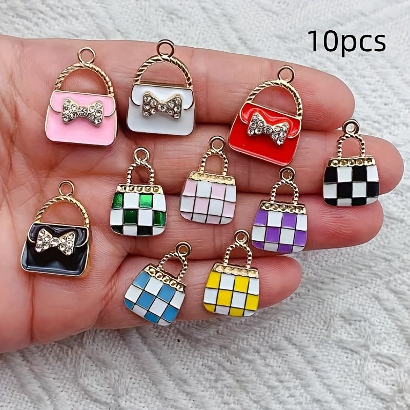 10 Peças Amuletos De Bolsa Esmaltados , Pingentes De Mini Com Laço De Strass , Fabricação De Joias De Liga Dourada Para