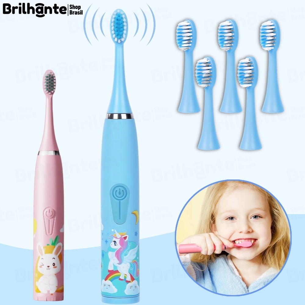 Escova Dental Elétrica Ultra-Sônica Para Crianças Acústica Onda Fofa Cabelos Suaves Dupla Face Limpa Cuidados