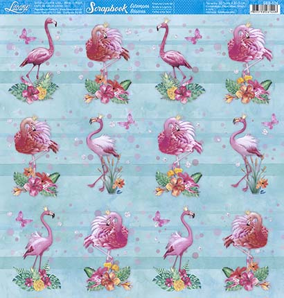 Papel Para Scrapbook Folha Simples Flamingos Adultos Litoarte SBB-136 30,5x30,5