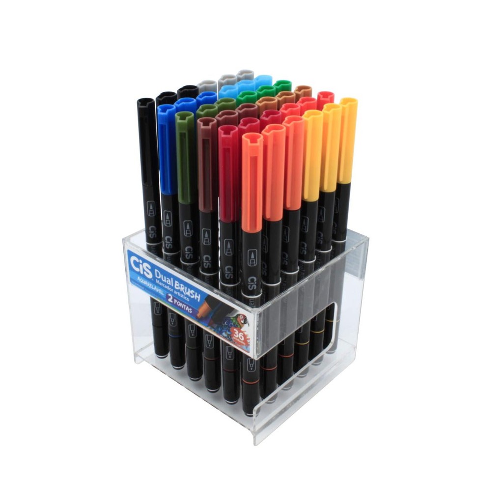 Kit 36 Marcadores Dual Brush 2 Pontas CiS com Display Material Escolar Desenhar Volta as Aulas Arte
