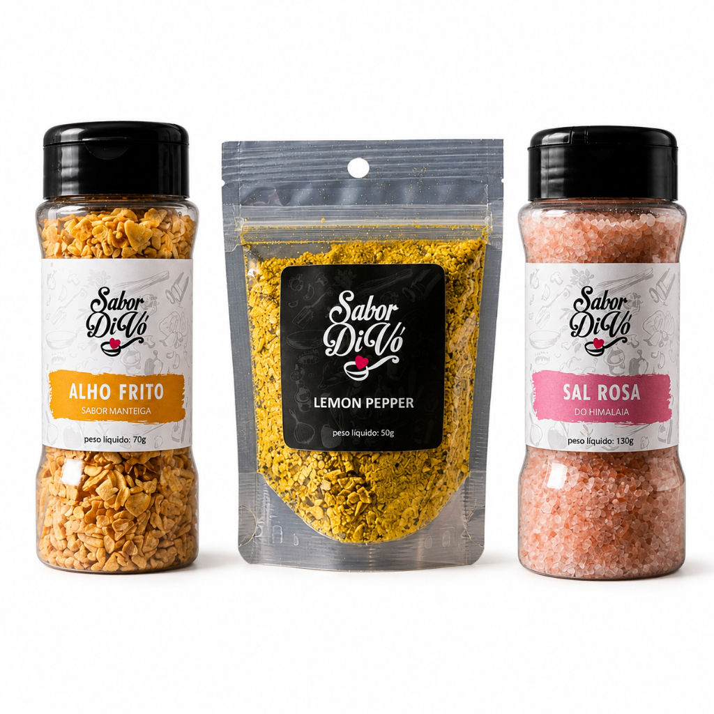kit Temperos Lemon Pepper e Sal Rosa e Alho Frito Combo Salada