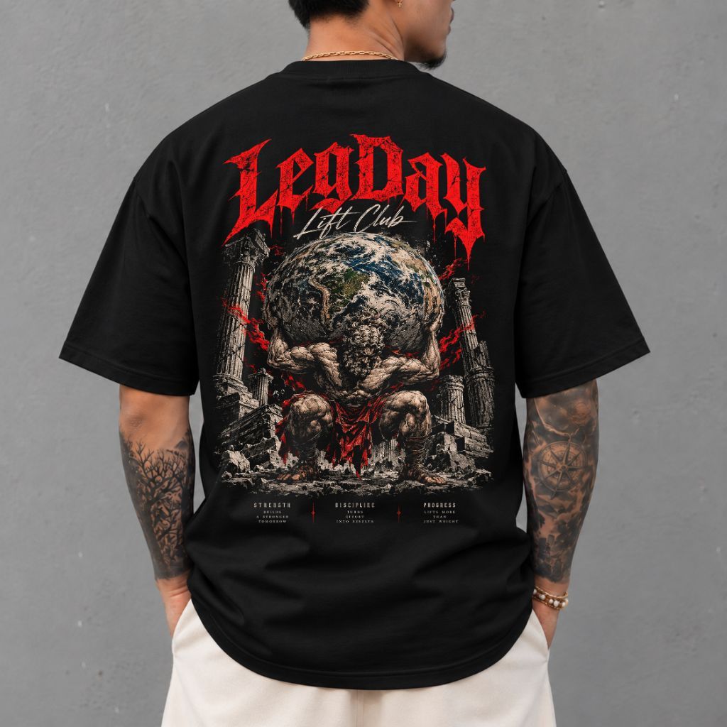 Camiseta Oversized Leg Day Lift Club Atlas Academia Treino Musculação Streetwear Presente Algodão