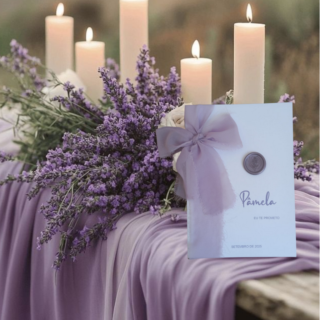 Par de Cadernos de Votos Casamento 2un Lacre de Cera Lavanda Personalizado Nome dos Noivos 14x20cm