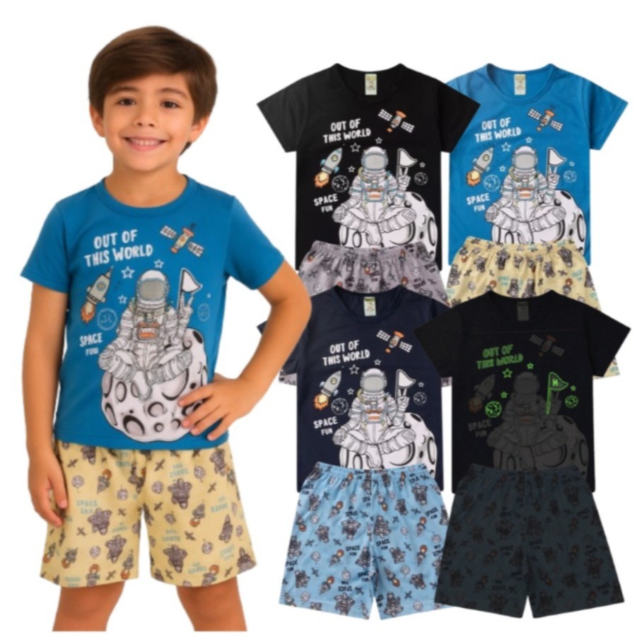 Pijama Infantil Masculino Verão Space Fun - Hey Kids - Azul Claro BRILHA NO ESCURO