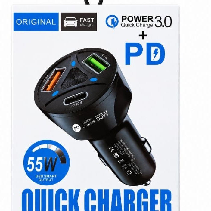 Carregador Veicular Turbo 55W Quick Charge 3.0 PD 20W 3 USB Carregamento Rápido Celular Smartphone