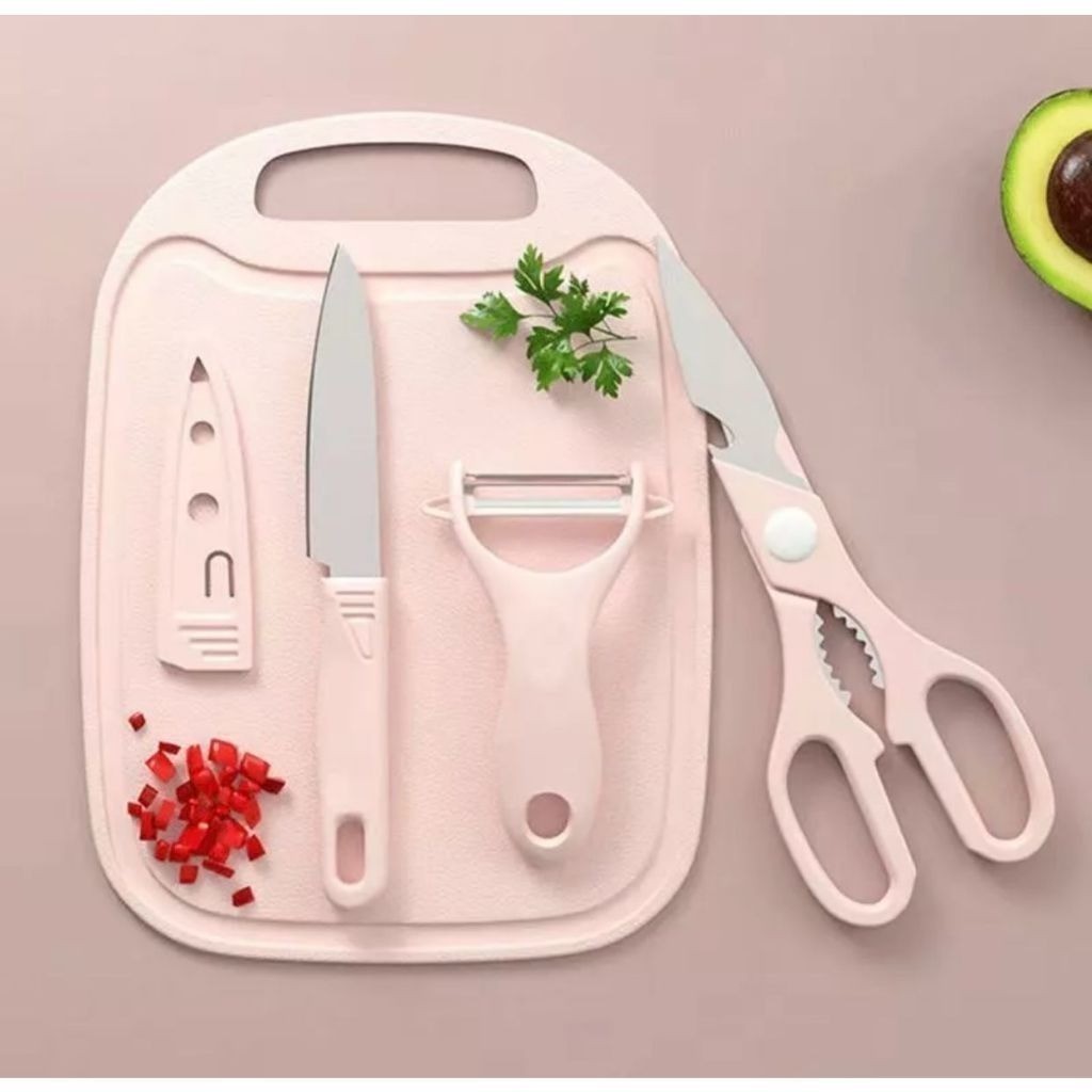 Kit 4 Utensílios Descascador Tábua Cortador Talheres Faca Inox Tesoura Cozinha Achadinhos