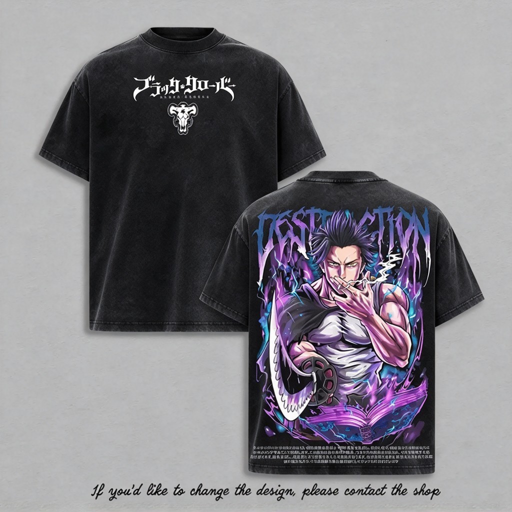 Camiseta Unissex Premium De Algodão Estampa Anime Black Clover Preta Lavada Estilo Streetwear Para Uso Casual E