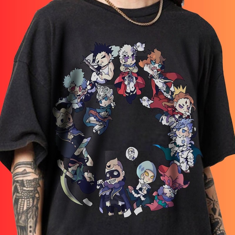 Camiseta Unissex Premium De Algodão Estampa Personagens Anime Chibi Black Clover Cor Preta Estilo Casual Para Uso