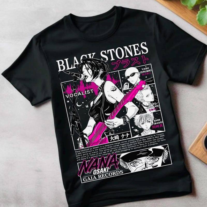Camiseta Unissex Premium De Algodão Estilo Anime Vintage Preta Estampa Nana Osaki Banda Black Stones Para Uso Casual