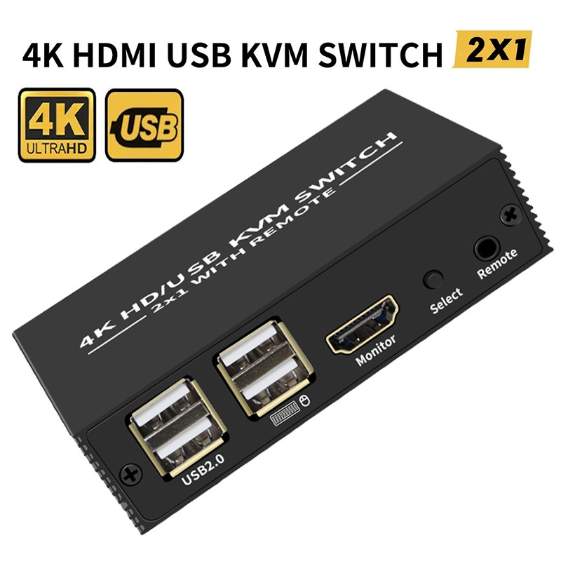 HDMI KVM Switch 2x1 4K USB Seletor 2 Em 1 Saída Com 4 Portas Hub Desktop Controlador Compartilhando Monitor Mouse Teclad
