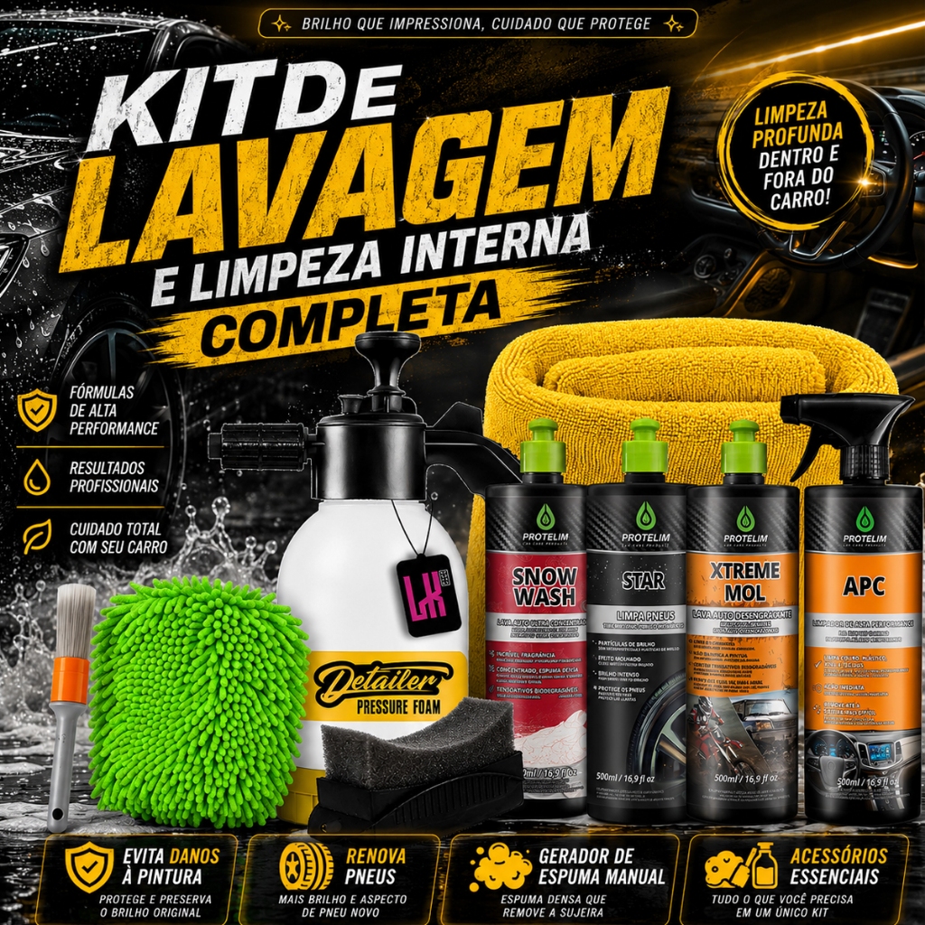 Kit Completo para Lavar Carro Pulverizador Shampoo Snow Wash Xtreme Mol  Star Apc Limpa Interna