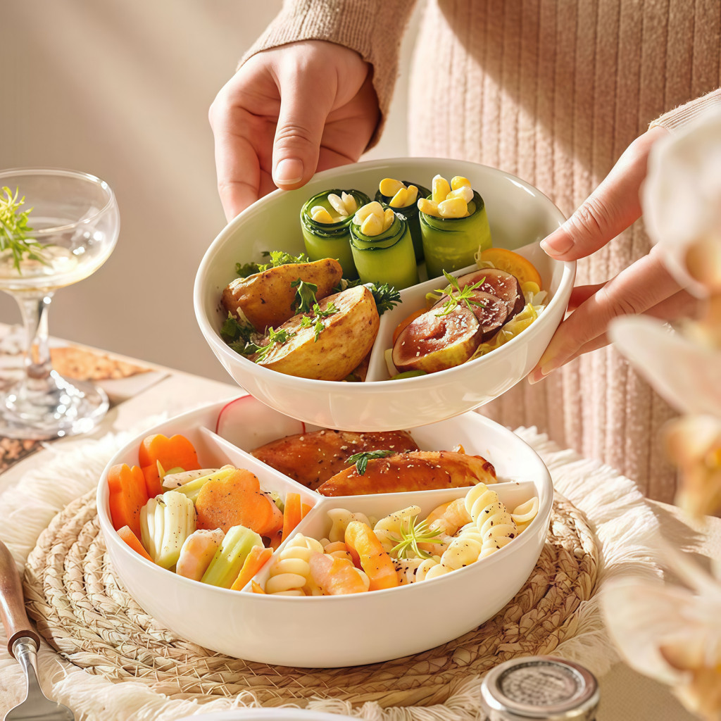 Ceramic Dinner Plate Microwave Safe Food Divider Steamer with 3 Divided Compartments – Round Separator for Rice Meat V