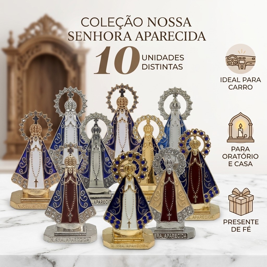 Kit 10 Mini Imagens Nossa Senhora Aparecida em Metal Esmaltado com Strass para Presente