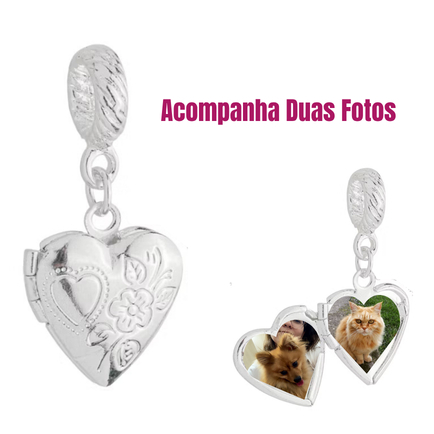 Berloque Relicário Mini Coração Porta Foto Banhado a Prata 925