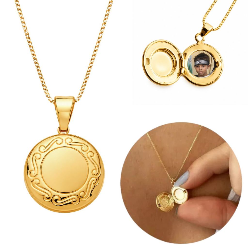 Colar Relicário Mini REDONDO Ouro 18K banhado Fotos presente relicário dourado