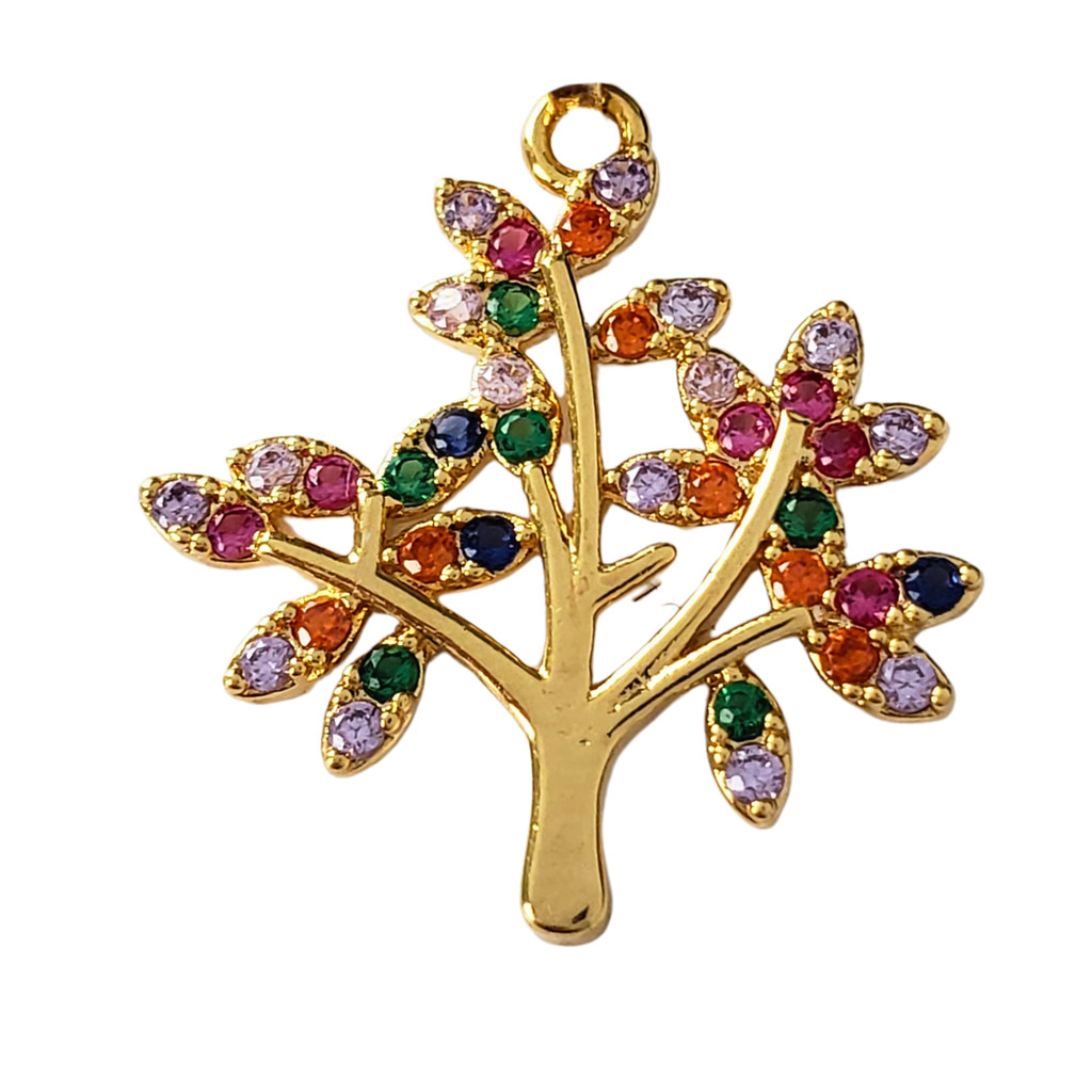 Pingente  Arvore da Vida Cravejado  Colorido mini zircônias banhado a ouro 18k