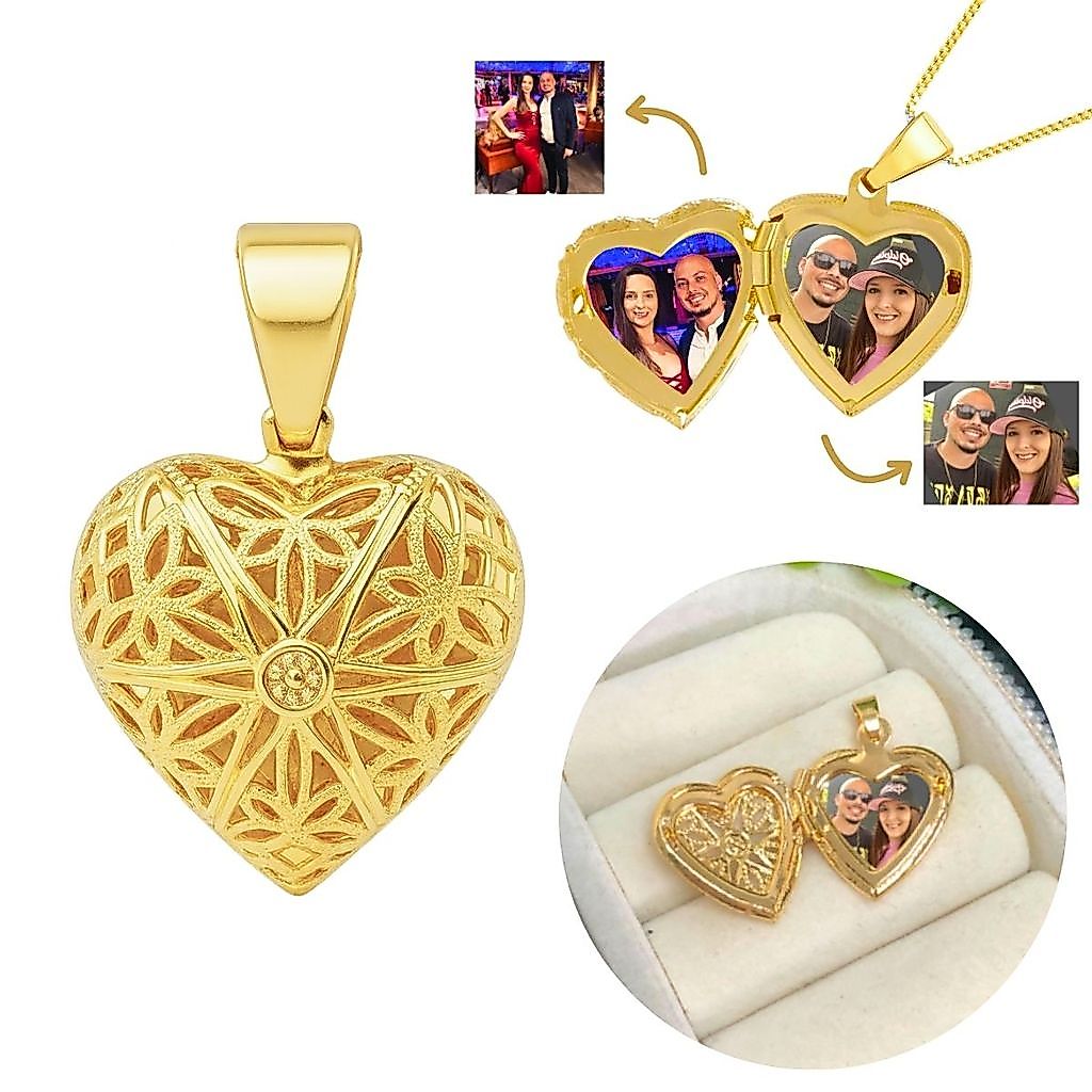 Pingente Relicário Coração Telado banhado Ouro 18k personalizado com fotos