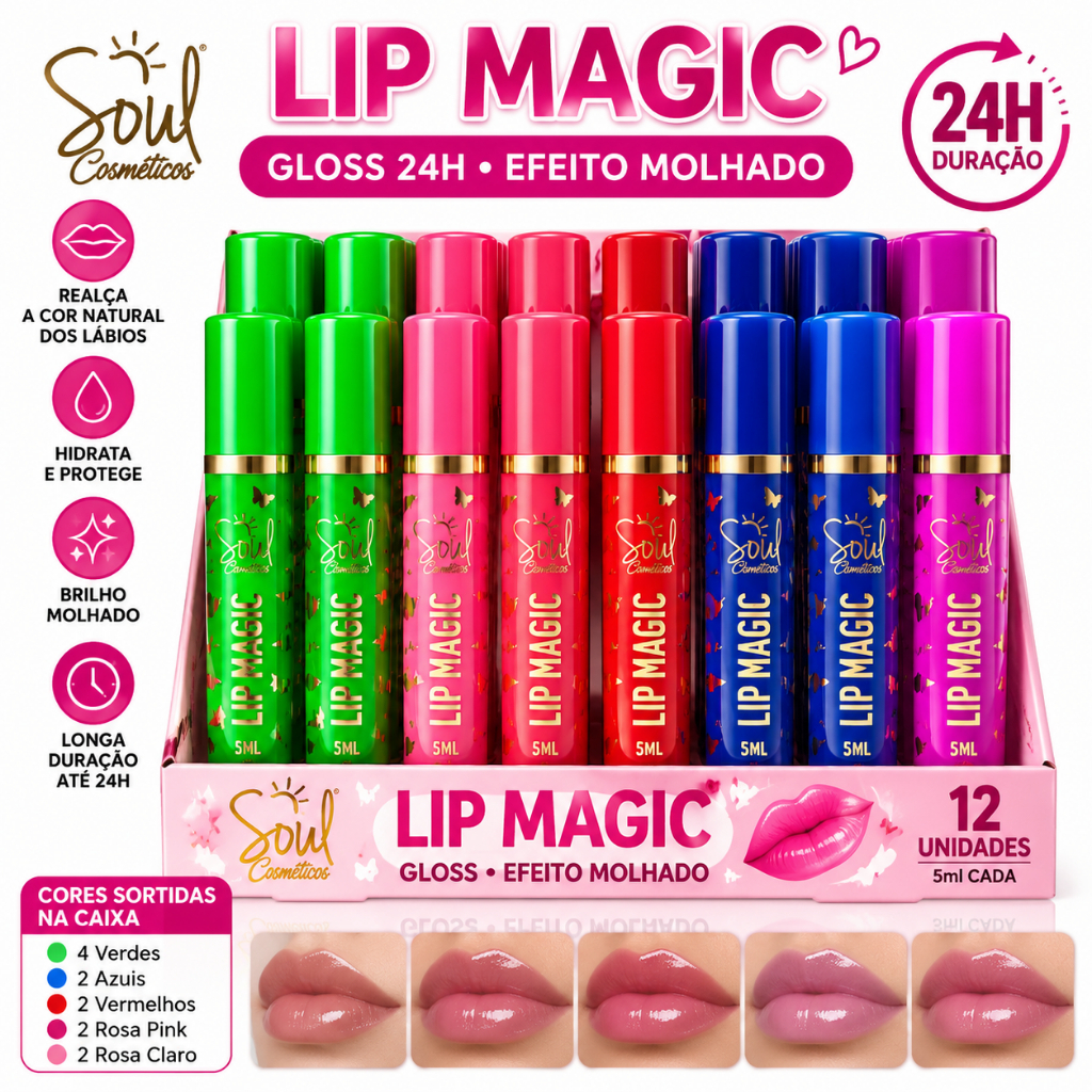 Kit 12 Gloss Lip Magic 24h Efeito Molhado Lip Tint Batom Mágico Brilho Labial Cores Sortidas