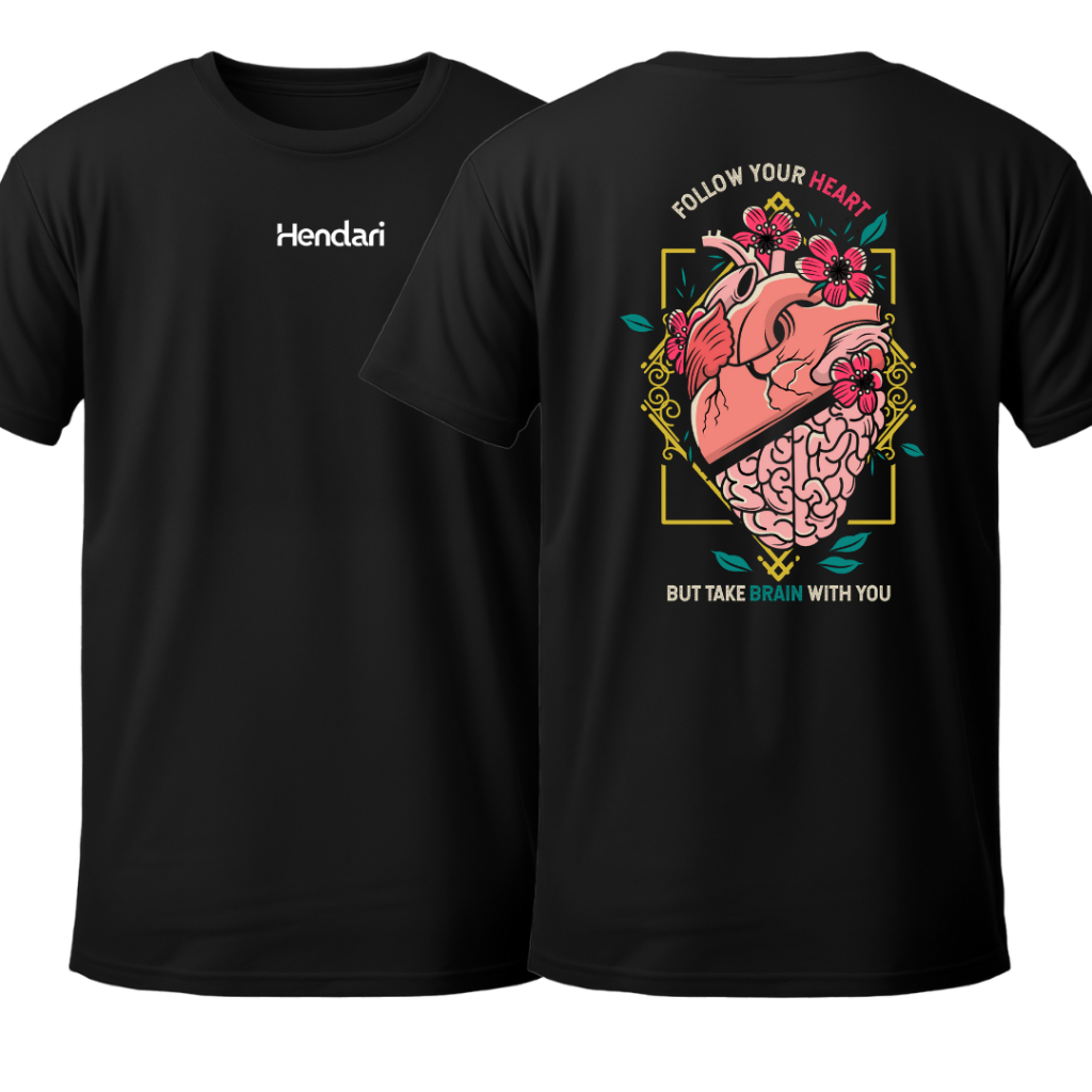 Camiseta Masculina Preta Follow Your Heart But Take Brain With you Estampa Desenho Algodão DTF