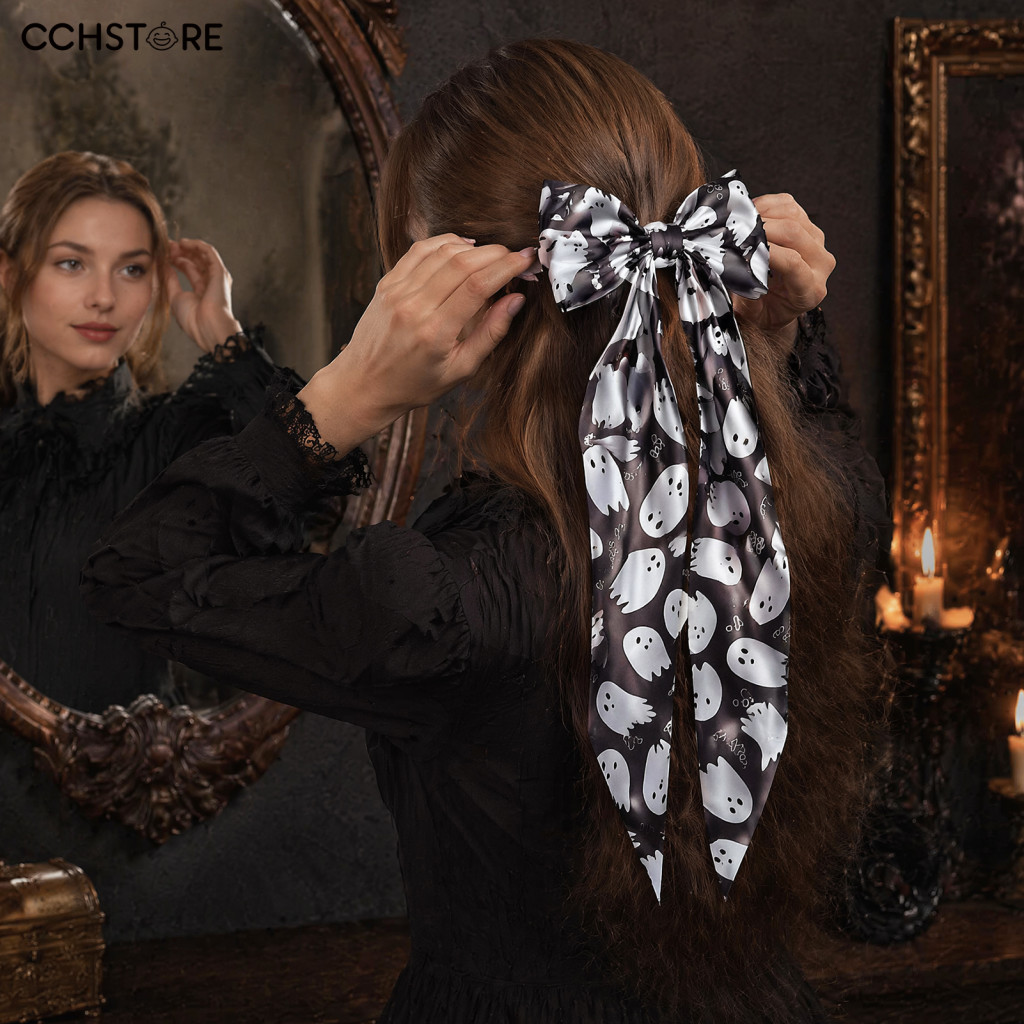 Spider Web Hair Clip Halloween Decorative Satin Bows for Women Girls – Ribbon Clips with Long Tails Cute Ghost Bat Pum