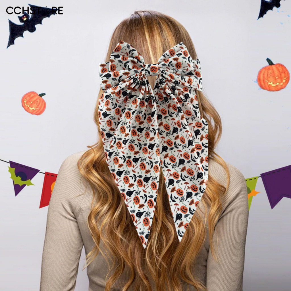 Bow Hairpin for Halloween Sweet Spooky Hair Clips for Women – Pumpkin Skeleton Ghost Print Fabric Barrettes Cute Acces