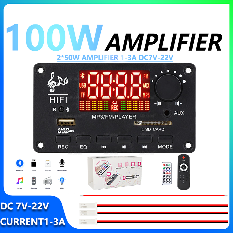 Placa Amplificadora Bluetooth 100W HIFI MP3 FM USB TF SD AUX Decodificador De Áudio Digital 2x50W Amplificador De Potênc