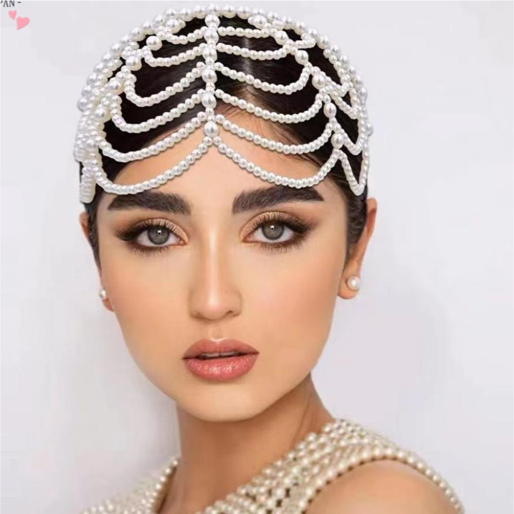 Pérola Headpiece 1920s Pearl Cap Roaring 20s Head Chain Frisado Headband Acessórios De Cabelo Para Mulheres Casamento Nu