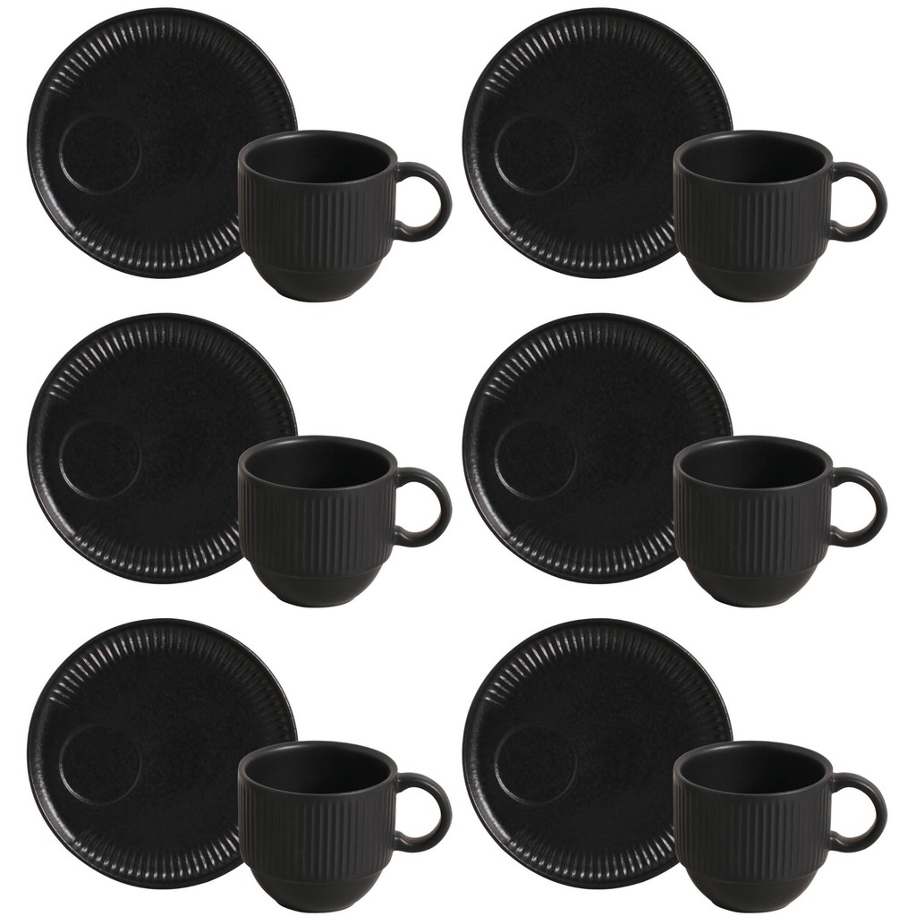 Conjunto de 6 Xícaras de Chá com Pires Stoneware Linhas Preto Matt 230ml - Porto Brasil