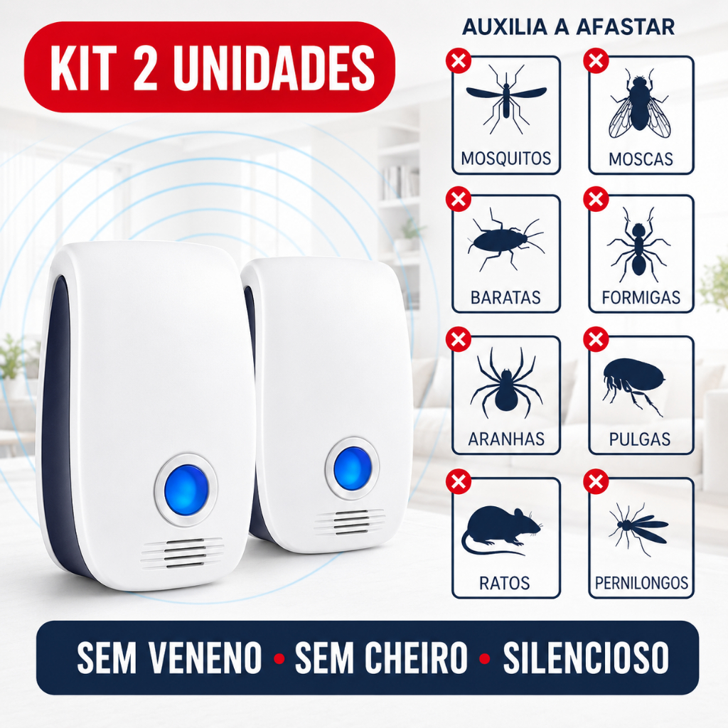 kit 2 Repelentes ultrassônico eletrônico de mosquitos, repele moscas, baratas, morcegos e ratos FULL