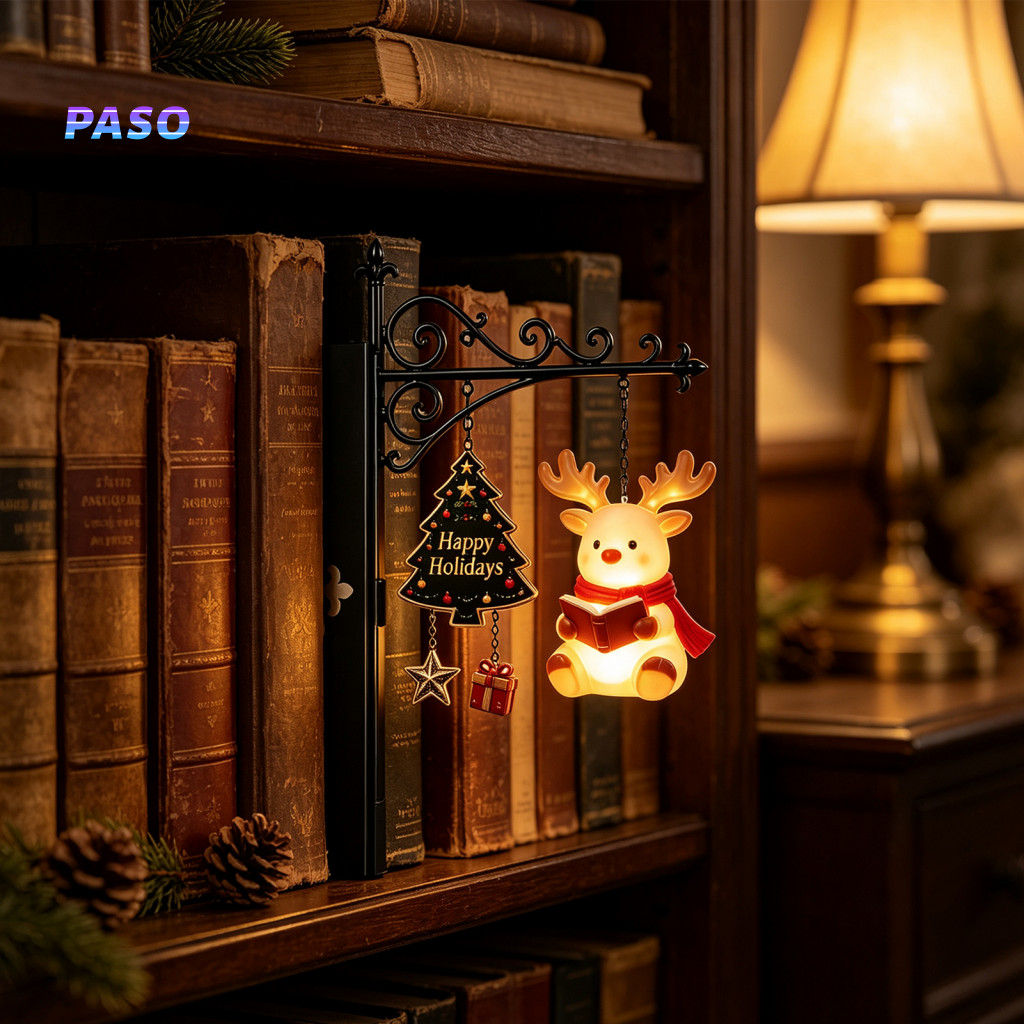 Bookshelf Light Reading Nook Ornament Christmas Book Shelf with Iron Bookend Night Lamp Featuring Santa Reindeer Snowman