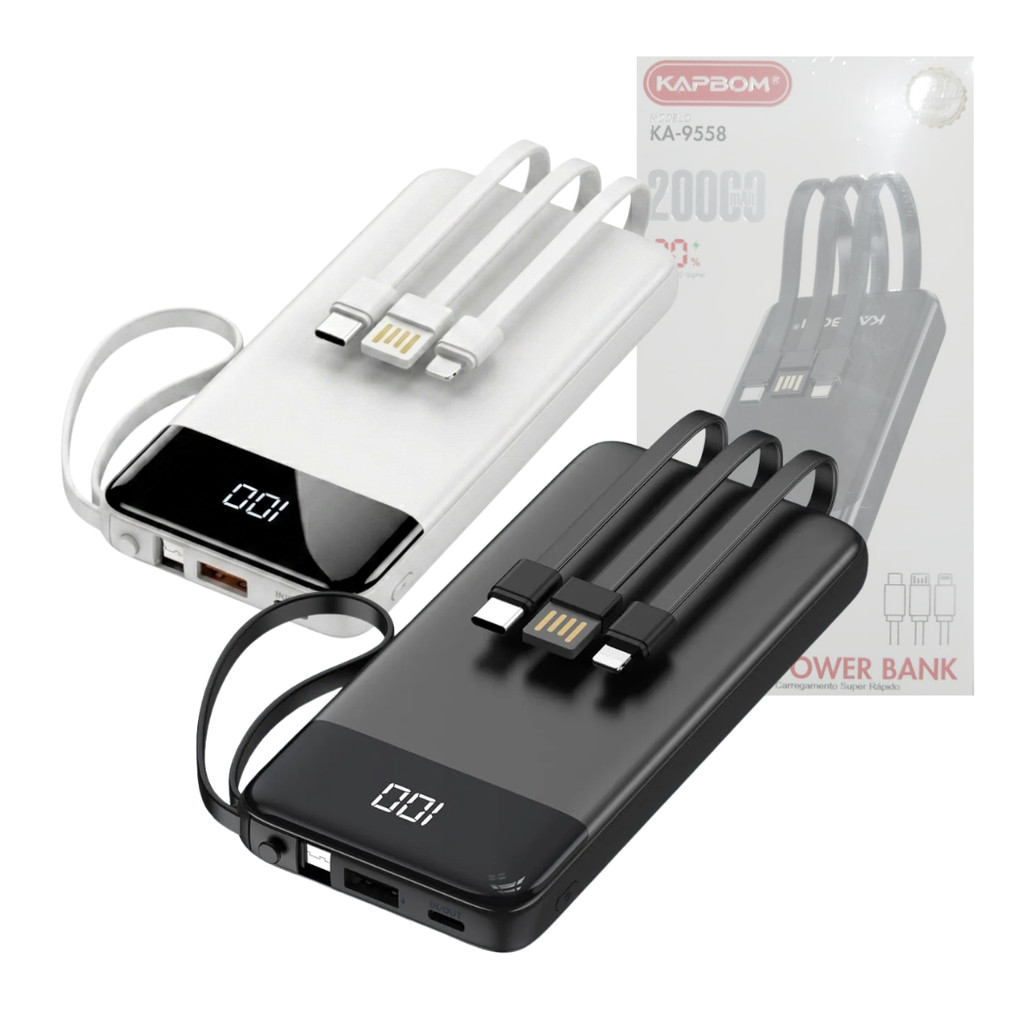 Carregador Portátil Power Bank 20000mAh Tela Digital com 04 Saídas USB/V8 /TIPO-C/Light. Kap KA-9558
