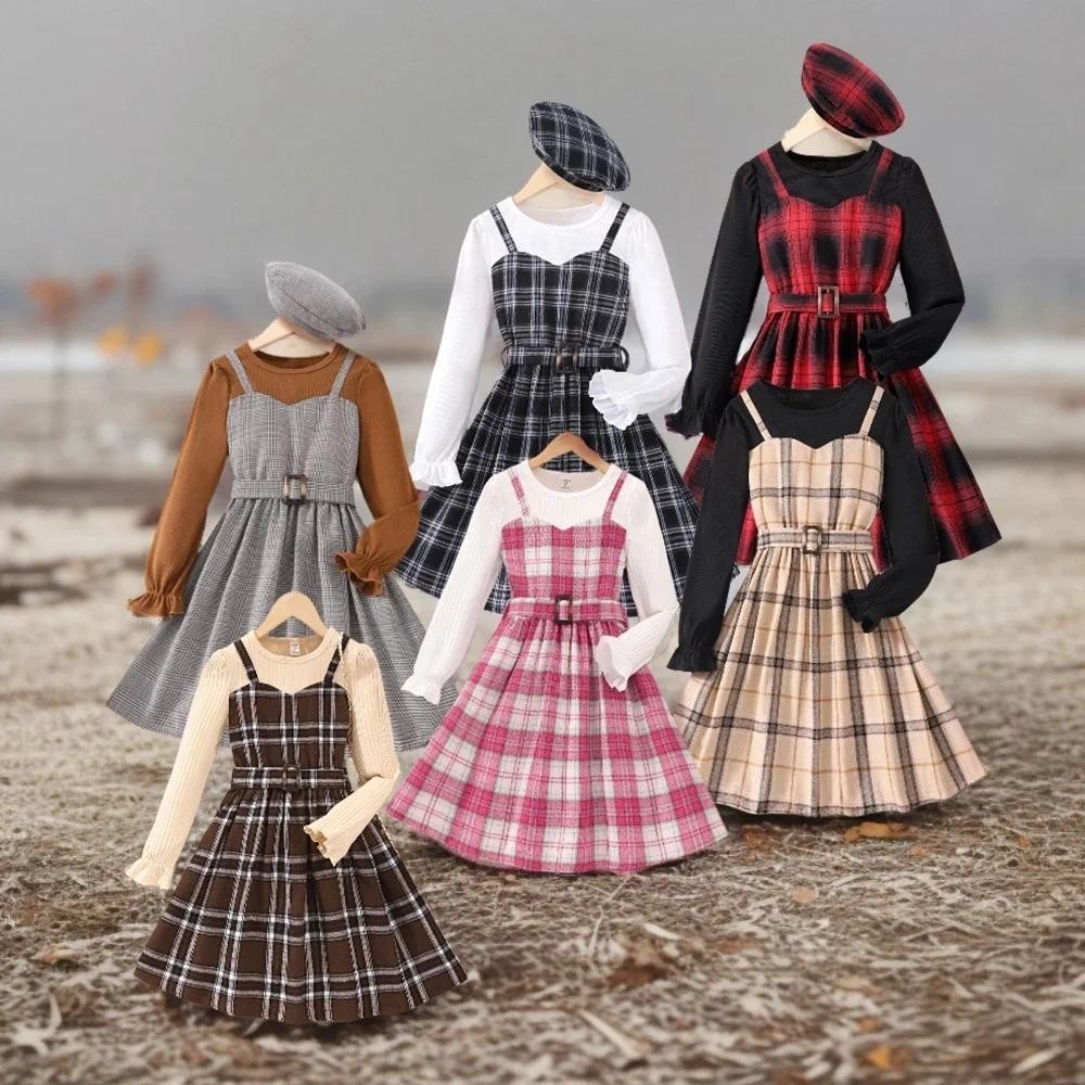 【 Free Chapéu 】 Retro Vestido De Menina Em Placa 8 9 10 11 12YAutumn Manga Longa Moda Casual Britânica Vestidos Big KIds
