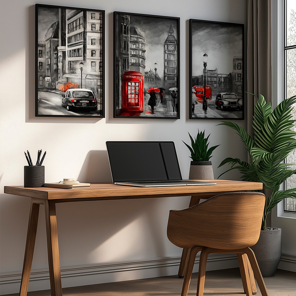 Kit 3 Quadros Decorativo Londres Big Ben Vermelho Preto Branco Cidade Europa Retro Com Moldura