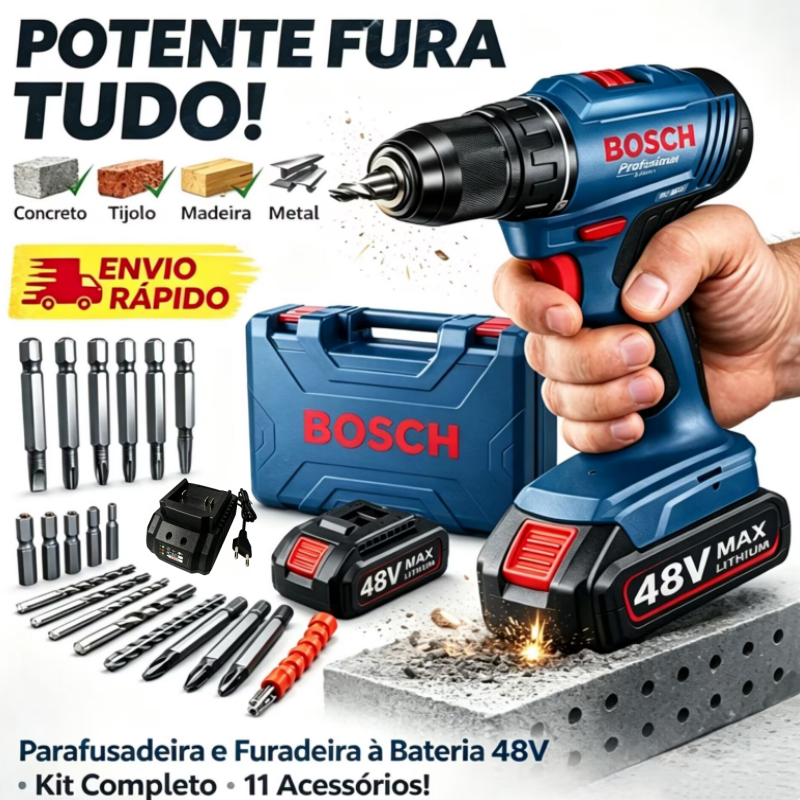 Bosch 48V Professional Cordless Impact Drill and Screwdriver, with 24 accessories.