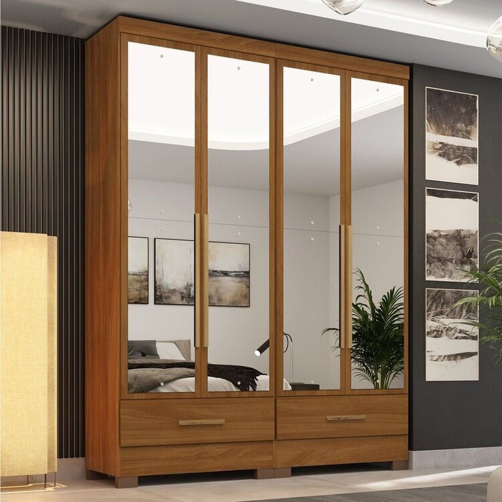 Quarto Modulado 100% MDF 2 Peças 4 Portas 2 Gavetas com Espelhos Smart Plus Espresso Móveis Bege/Cinamomo Cinamomo