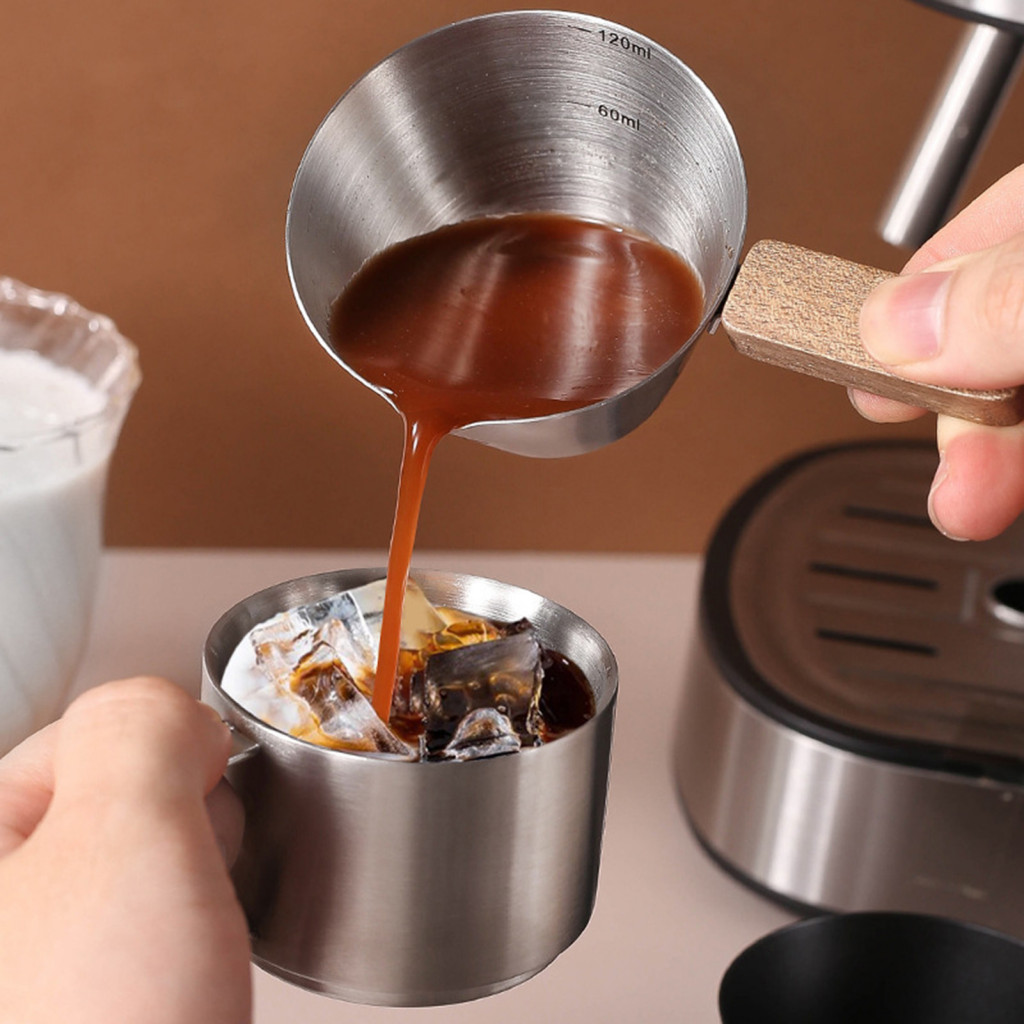 Espresso Measuring Cup Coffee Extraction Pitcher Liquid 120ml with Walnut Handle – Stainless Steel Scale for