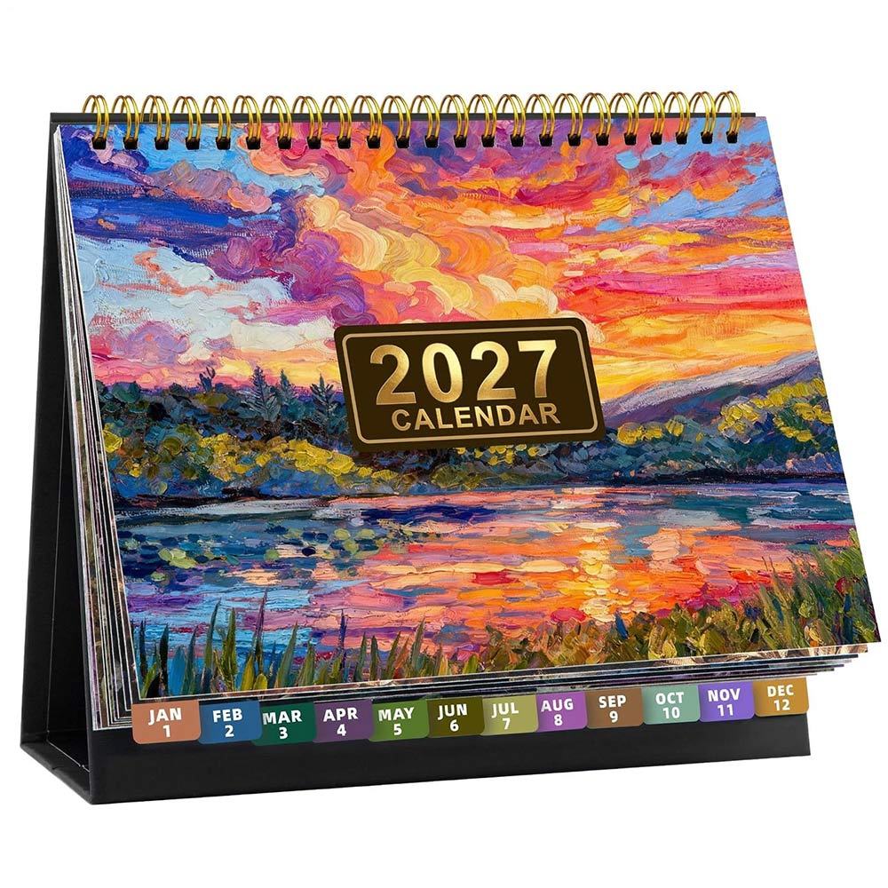 2027 Tabletop Standing Calendar Spiral Bound Two Artistic Cover Designs Desktop Planner For Daily Organizing