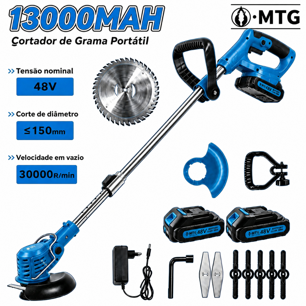 Cortador de Grama Portátil 48V 13000mAh 30000RPM com 2 Baterias Aparador Elétrico Kit Acessórios MTG