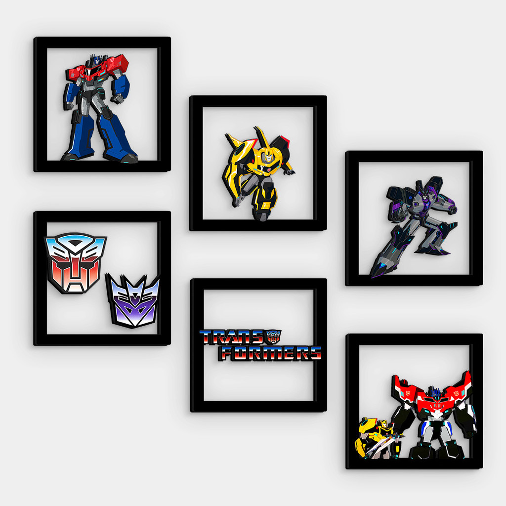 Kit 6 Quadros Transformers MDF Vazado 14x14cm